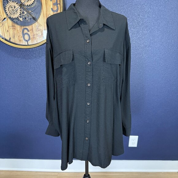 Banana Republic Factory Double Pocket Oversized Tunic Button Down, Black, XL - Picture 1 of 6